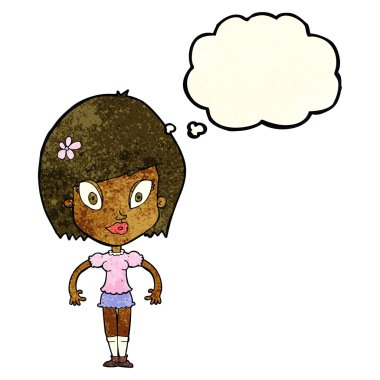 Düşünce baloncuğu olan güzel bir kadın.