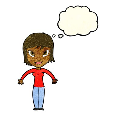 Çizgi filmdeki kadın düşünce balonuyla omuz silkiyor.