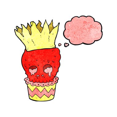 Düşünce baloncuklu ürkütücü kafatası kek çizgi filmi