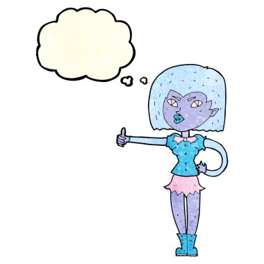 Çizgi filmdeki vampir kız düşünce baloncuğuyla başparmak işareti yapıyor.