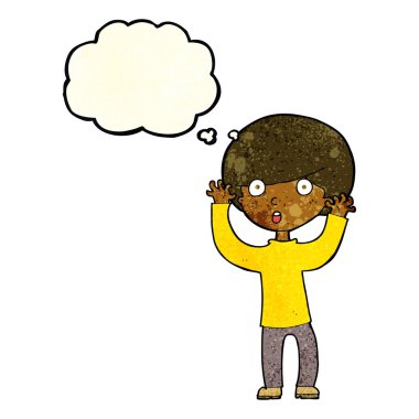 Düşünce baloncuğu olan ürkmüş bir çocuk.