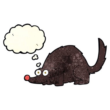 Düşünce baloncuklu mutlu bir köpek.