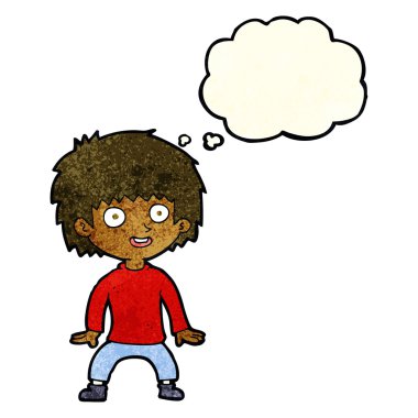 Düşünce baloncuğu olan heyecanlı çocuk.