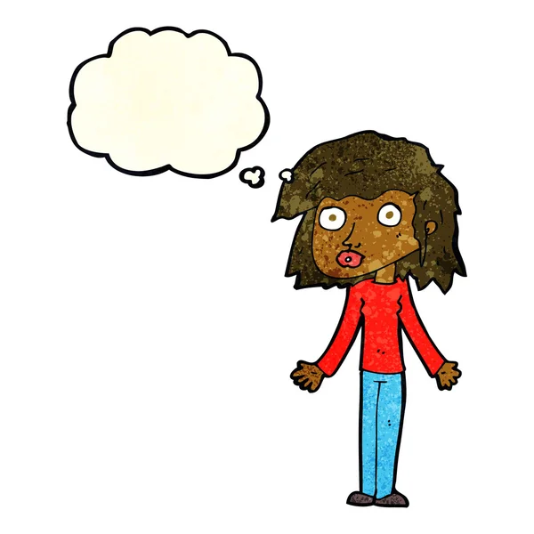 Cartoon-Mädchen zuckt mit den Schultern bei Gedankenblase — Stockvektor