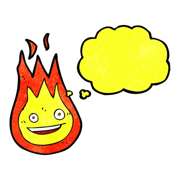 Bola de fogo amigável desenhos animados com bolha de pensamento — Vetor de Stock