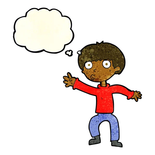 Kreslený chlapec mává varováním s myšlenkovou bublinou — Stockový vektor