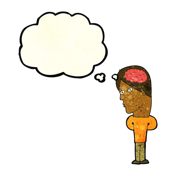 Cartoon man met grote hersenen met gedachte zeepbel — Stockvector