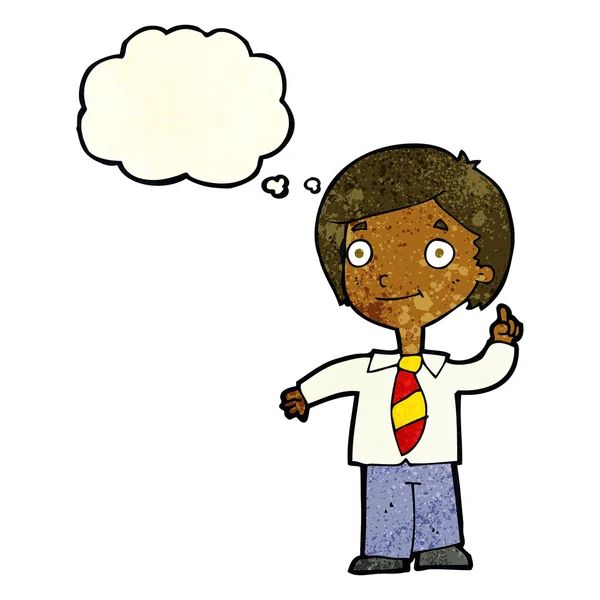 Niño de la escuela de dibujos animados responder a la pregunta con burbuja de pensamiento — Archivo Imágenes Vectoriales