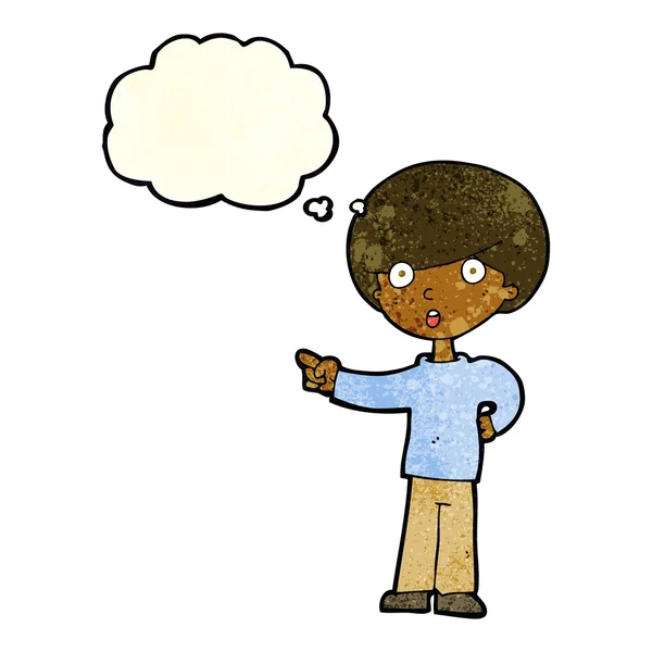 Dibujos animados apuntando chico con burbuja de pensamiento — Archivo Imágenes Vectoriales