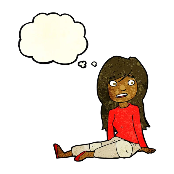 Καρτούν κορίτσι κάθεται στο πάτωμα με φούσκα σκέψης — Διανυσματικό Αρχείο