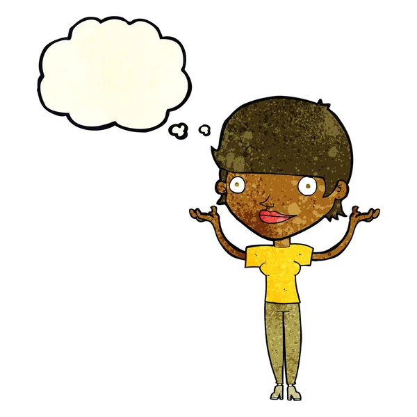 Femme dessin animé tenant les bras dans l'air avec bulle de pensée — Image vectorielle