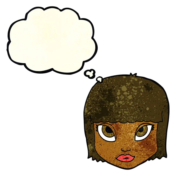 Cara femenina de dibujos animados con burbuja de pensamiento — Vector de stock