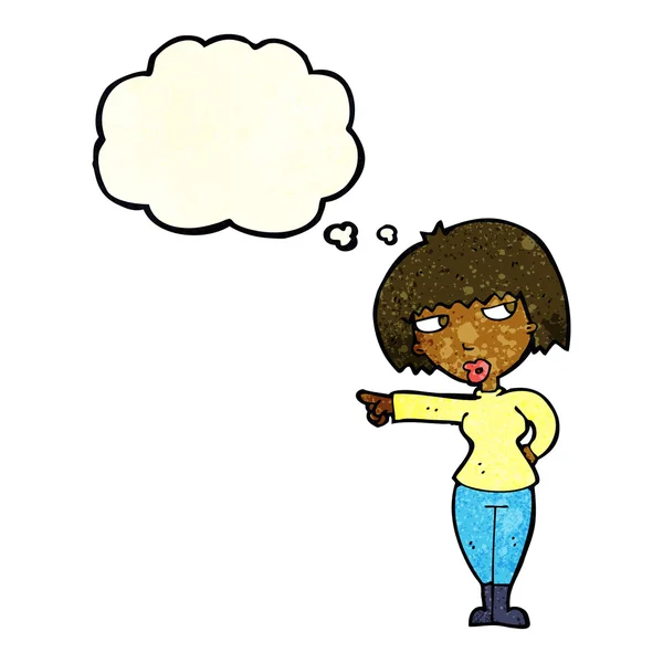 Dessin animé femme ennuyée pointant avec bulle de pensée — Image vectorielle