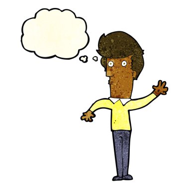 çizgi filmdeki sinirli adam düşünce balonuyla el sallıyor.