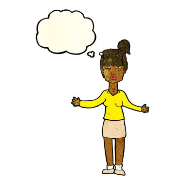Çizgi filmdeki kadın düşünce balonuyla omuz silkiyor.