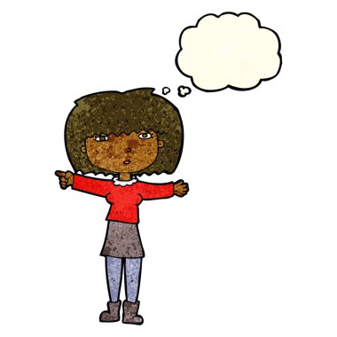 Çizgi film kızı düşünce balonunu işaret ediyor.