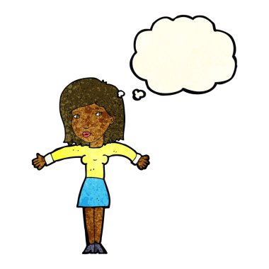 Çizgi filmdeki kadın düşünce balonuyla omuz silkiyor.