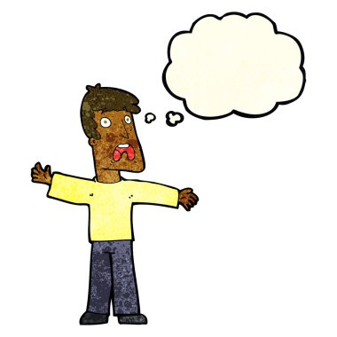 Düşünce baloncuğu olan korkmuş bir adam.