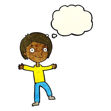 Düşünce baloncuğu olan heyecanlı çocuk.