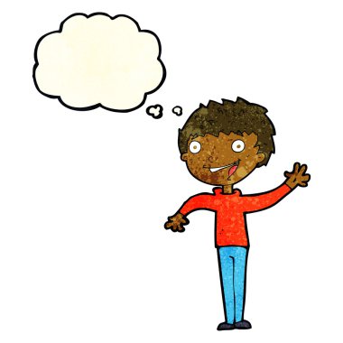 Düşünce baloncuğuyla el sallayan mutlu çocuk.