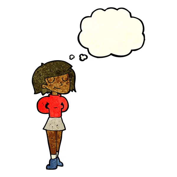 Karikatur erfreut Frau mit Gedankenblase — Stockvektor