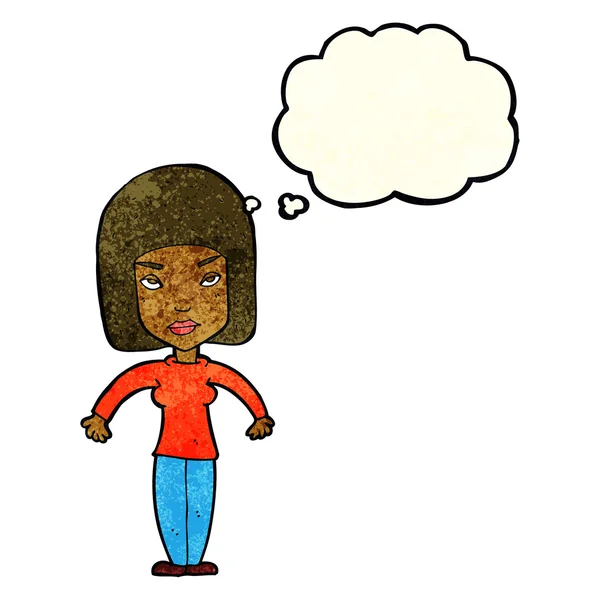 Mujer de dibujos animados hombros encogiéndose de hombros con burbuja de pensamiento — Vector de stock