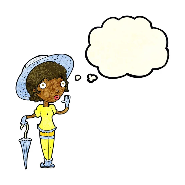 Cartoon vrouw in zomer hoed zwaaien met gedachte bubble — Stockvector