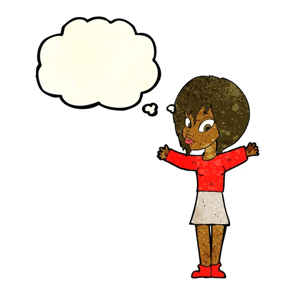 Femme dessin animé à bras ouverts avec bulle de pensée — Image vectorielle