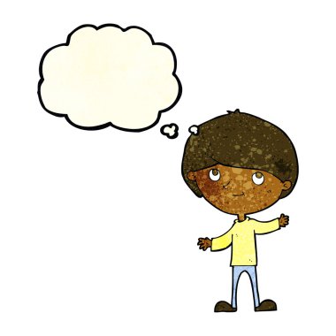 Düşünce baloncuğu olan mutlu çocuk.