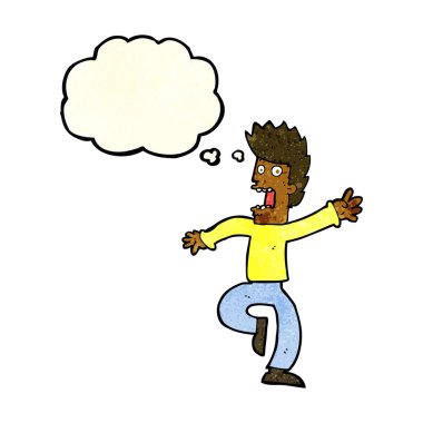 Düşünce baloncuğu olan korkmuş bir adam.