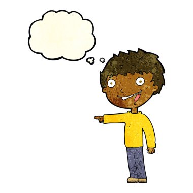 çizgi film mutlu çocuk düşünce baloncuğuyla gülüyor