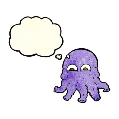 Düşünce baloncuklu uzaylı mürekkep balığı suratlı çizgi film