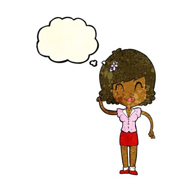 Düşünce baloncuğu olan güzel bir kadın.