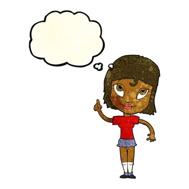 Düşünce baloncuğu olan çizgi film kadını.