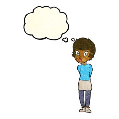 Düşünce baloncuğu olan güzel bir kadın.