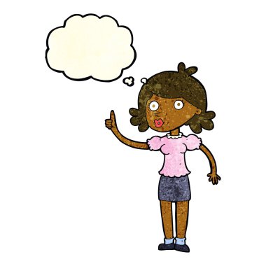 Düşünce baloncuğu olan çizgi film kadını.