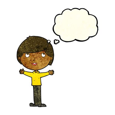 Düşünce baloncuğu olan mutlu çocuk.