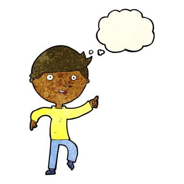 Düşünce baloncuğuyla işaret eden mutlu çizgi film