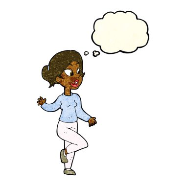 Çizgi film dostu kadın düşünce balonuyla el sallıyor.