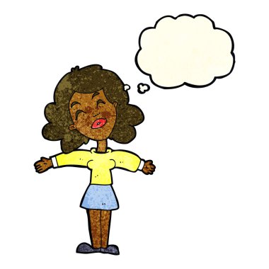 Düşünce baloncuğuyla kollarını açmış çizgi film kadını.