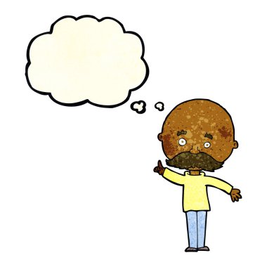 Düşünce baloncuğu olan kel bir adam.