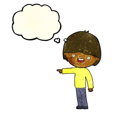 Çizgi film adamı düşünce balonunu işaret ediyor.