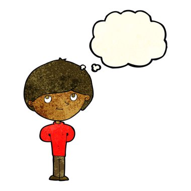 Düşünce baloncuğu olan mutlu çocuk.