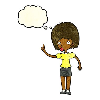 Düşünce baloncuğu olan çizgi film kadını.