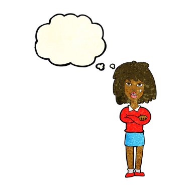 Düşünce baloncuğu ile kollarını kavuşturmuş sert kadın çizgi filmi.
