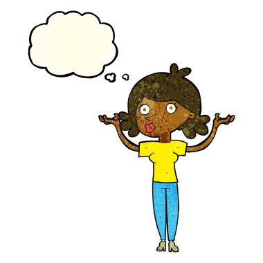 Çizgi filmdeki kadın düşünce balonuyla kollarını havaya kaldırıyor.