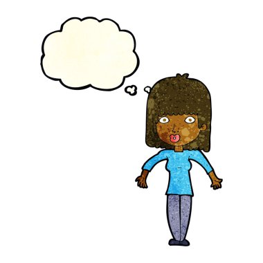 Çizgi filmdeki kadın düşünce balonuyla omuz silkiyor.