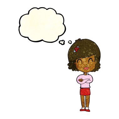 Düşünce baloncuğu ile kollarını kavuşturmuş mutlu kadın çizgi filmi.