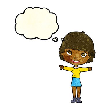 çizgi film mutlu kadın düşünce baloncuğu ile işaret