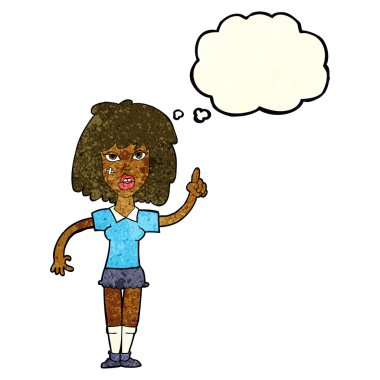 Düşünce baloncuğu olan sert bir kadın.